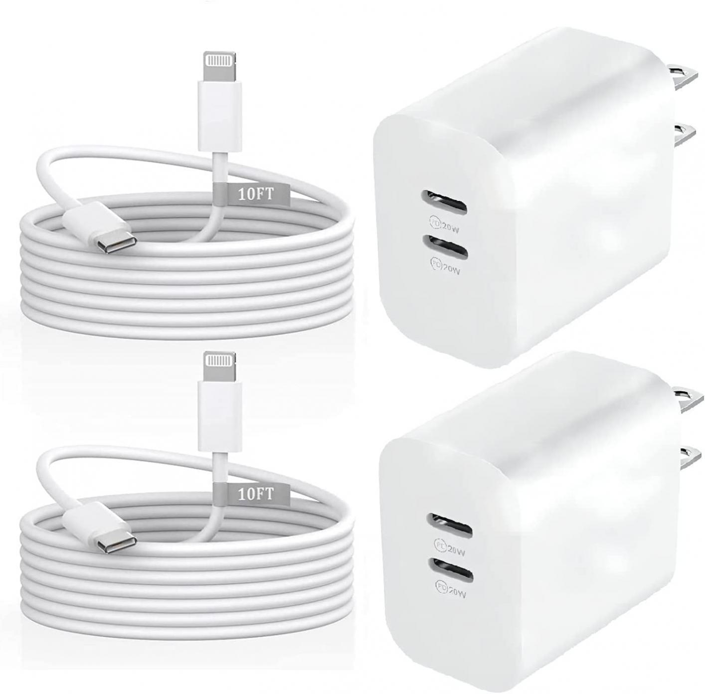 for iPhone 14 Pro Fast Charger,2 Pack [Apple MFi Certified]Dual 20W PD USB Type C Wall Charger Block with 10 FT Long USB C to Lightning Charging Data Sync Cable for iPhone 14 Pro Max 13 12 11 XS XR 8