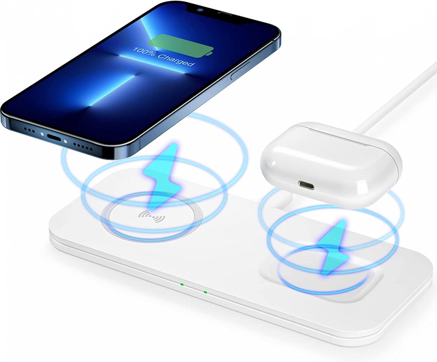 2-in-1 Wireless Charging Pad, 10W Dual 【White】 AirPods Pro Wireless Charger for iPhone 14/13/12/11/X/8, Samsung S22/S21/ S20/ Note20/ Note10, Airpods 4/3/2/Pro 2/Pro(with QC 3.0 Wall Adapter)