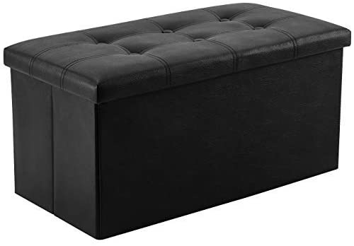 YOUDENOVA 30 inches Folding Storage Ottoman, 80L Storage Bench for Bedroom and Hallway, Faux Leather Black Footrest with Foam Padded Seat, Support 350lbs