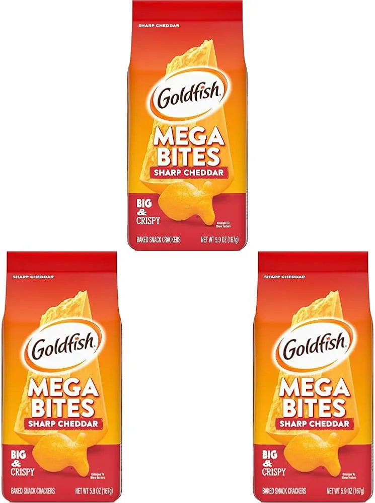 Goldfish Mega Bites, Sharp Cheddar Crackers, 5.9 Oz Bag (Pack of 3)