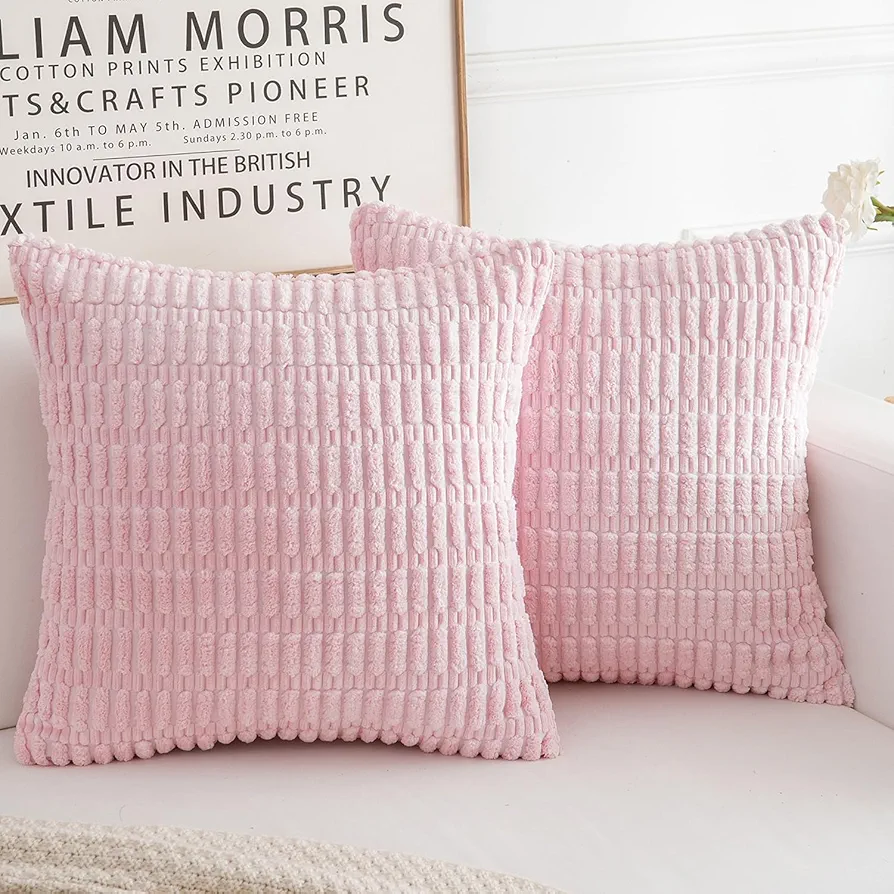 Corduroy Decorative Throw Pillow Covers, Boho Stripe Soft Square Cushion Case Home Decor for Living Room Couch Bed Sofa, Set of 2 Pack, Pink, 16x16 Inch