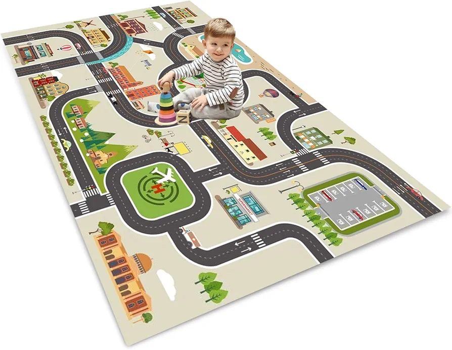 Kids Car Rug Play Mat Great for Playing with Cars and Toys,City Life Educational Road Traffic Carpet,Fun Play Rug for Playroom, Classroom, Nursery Gift Idea for Boys & Girls 80x120cm/2.6×4ft