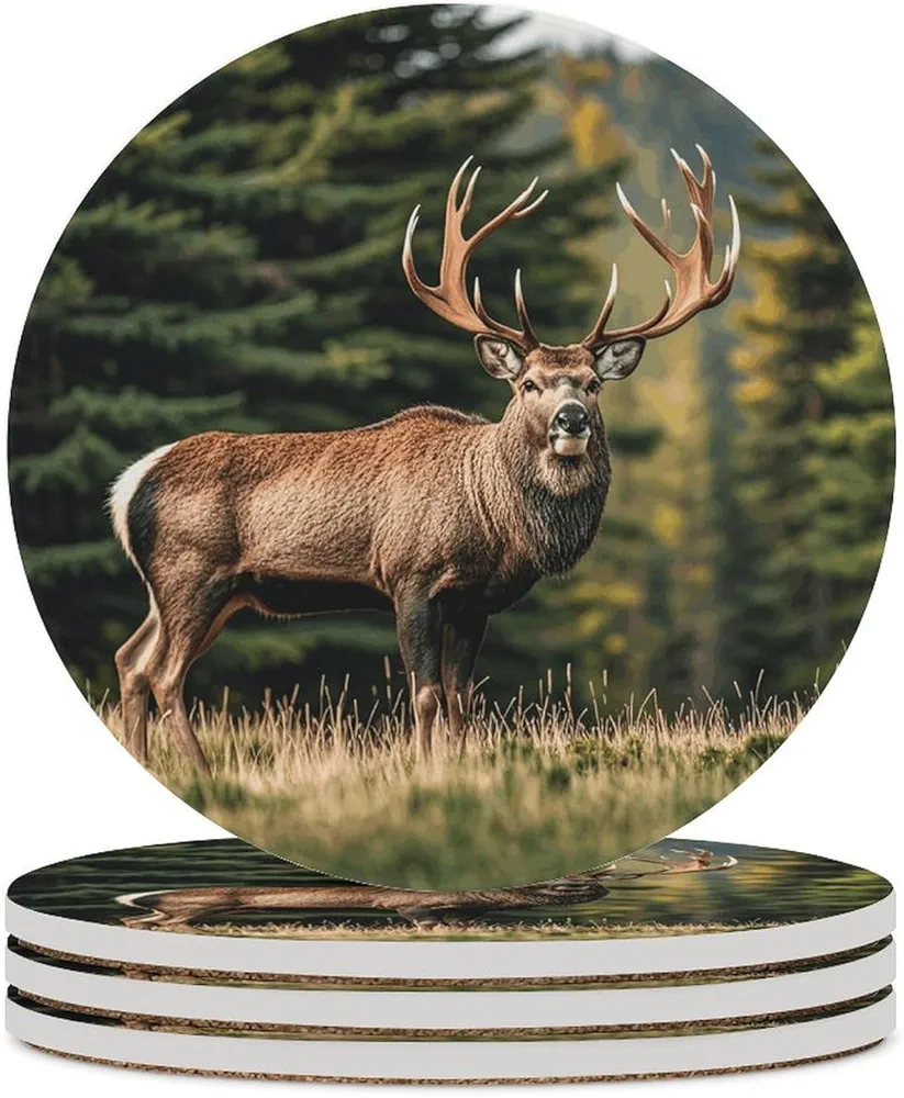 Coasters for Drinks Lodge Moose Round Coaster Set of 4PCS Ceramic Coaster with Holder Coaster Heat Resistant Non-Slip Cup Mat Pad Coffee Decorative Coasters for Living Room Kitchen Bar Decor