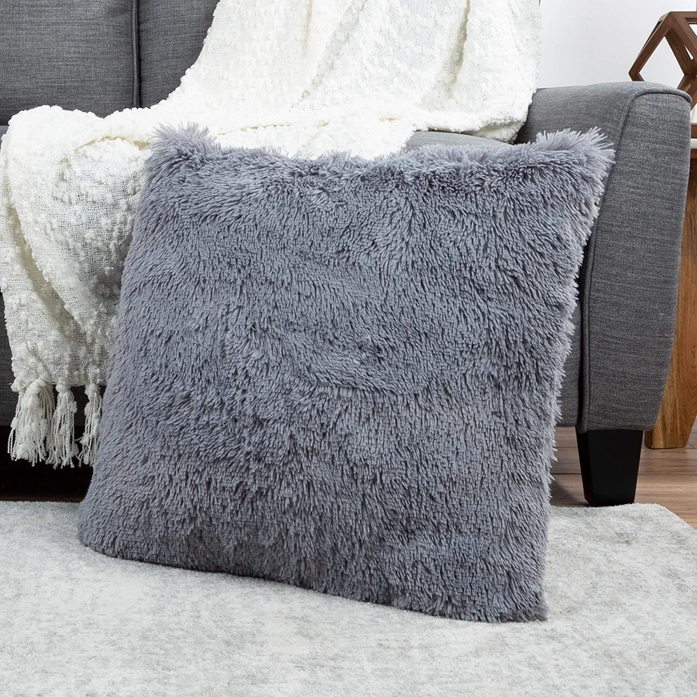 Lavish Home (Gray 24” Plush Luxury Square Accent Pillow Insert and Shag Glam Cover Set– for Bedroom or Living Room, 24 x 24