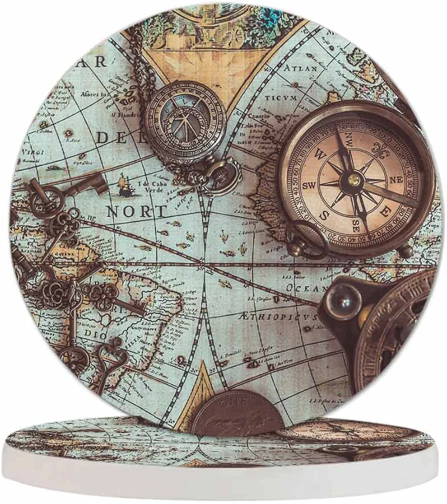 Antique Pirate Rare Items Cup Coasters for Table Retro Compass Vintage Skeleton Key World Map Adventure Reusable Drink Coasters Set 2 Pcs Coffee Home Farmhouse Living Room Bar Decor