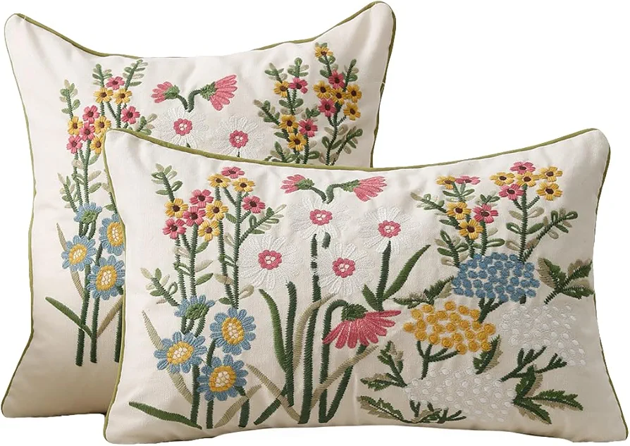 QWINEE Flower Embroidery Pattern Throw Pillow Covers Pillowcases Cushion Covers for Home Bed Room Farmhouse Couch Sofa Decorations 1pc Multicolor 12"X20"