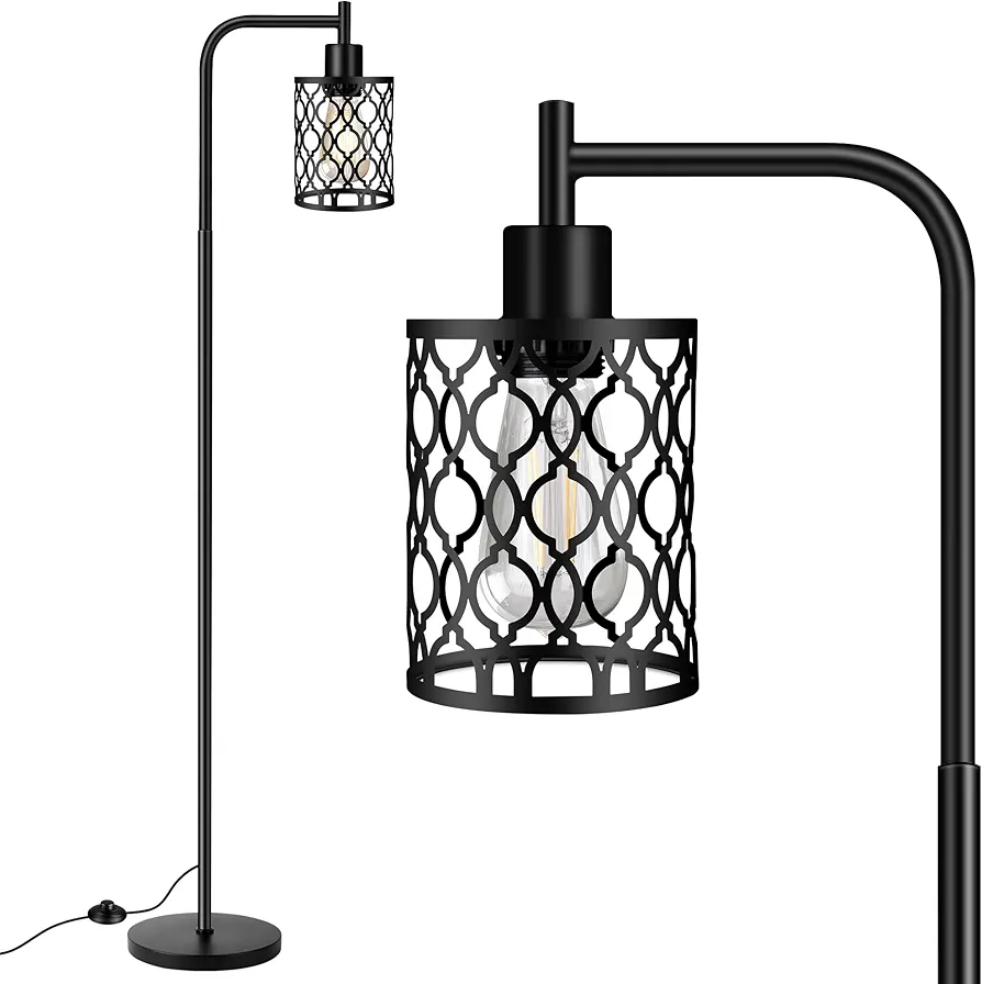 Industrial Floor Lamp with Metal Shade, Black Farmhouse Floor Lamp Including 6W 2700K Edison Bulb, Standing Lamp for Living Room, Tall Pole Lamp for Bedroom, Office Lighting, Black, 67"