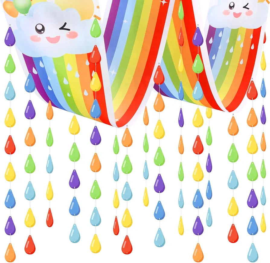 Rainbow Ceiling Decorations 8.8ft Cloud Rainbow Ceiling Banner Hanging Colorful Raindrop Rainbow Garland Bunting for Rainbow Birthday Party Classroom Baby Shower