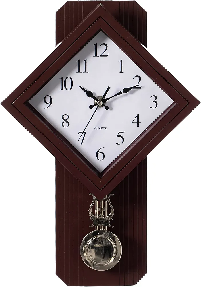 Traditional Brown Square Wood- Looking Pendulum Plastic Wall Clock for Living Room, Kitchen, or Dining Room