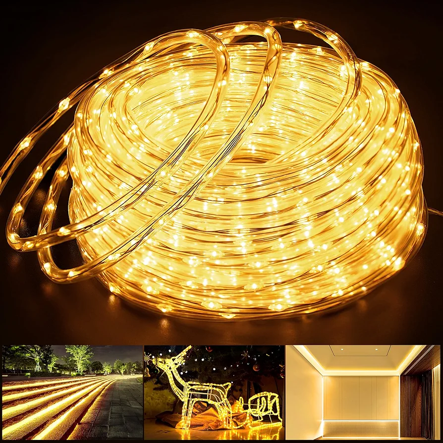 Connectable 66ft 800 LED Rope Lights Outdoor, Warm White Strip Lights Plug in, Outdoor String Lights Waterproof Decorative Lighting for Deck Patio Yard Garden Pathway Pool Camping Room Indoor Décor