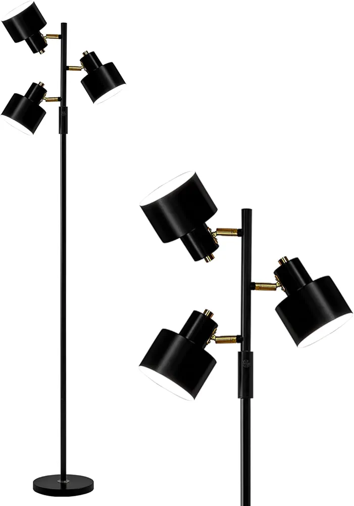 OYEARS Floor Lamp for Living Room Bright Lighting Tall Modern Industrial Vintage Standing Corner Lamps LED Metal Light Office Bedroom Study Gold Black White Matte Accent (3-Light, Black)