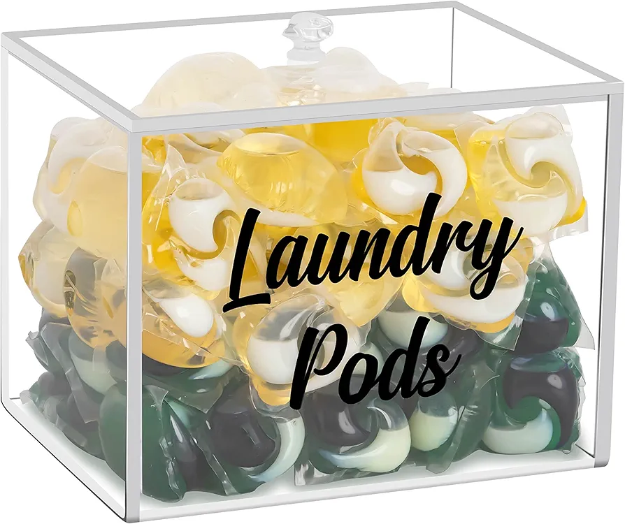 Premium Acrylic Laundry Pods Container with Lid, Clear Laundry Pod Holder For Tide Pod, Laundry Detergent Capsules Pods Storage, Dispenser Jar Box Organization for Laundry Room Decor