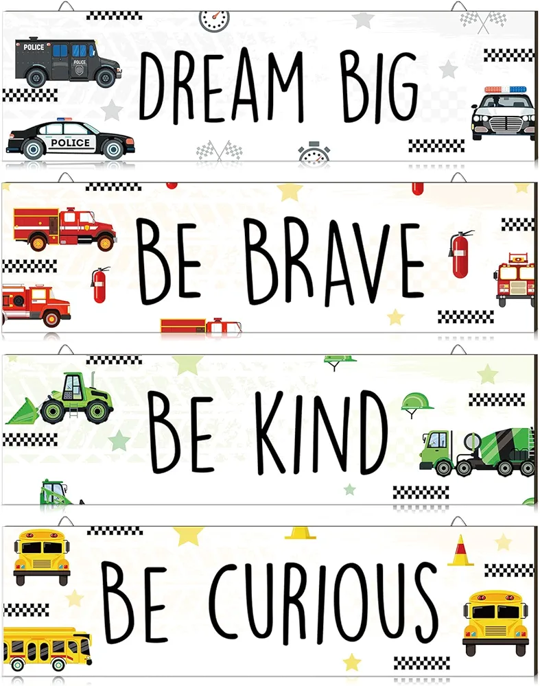 4 Pieces Vehicle Kids Room Wall Decor Car Trucks Decor Car Themed Room Decor Boy Wall Decor Wooden Hanging Wall Plaques Inspirational Wooden Sign for Boys Kids Bedroom Nursery Playroom Decor