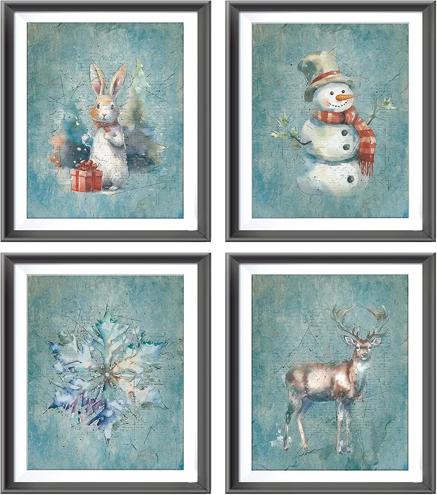 AEHIE Retro Christmas Winter Wall Decor, Christmas Deer Snowman Snow Snowflake Blue Poster Prints for Holiday Living Room Bedroom Decor, Xmas Santa Decorations Wall Art Unframed 4pcs 8x10 Inches