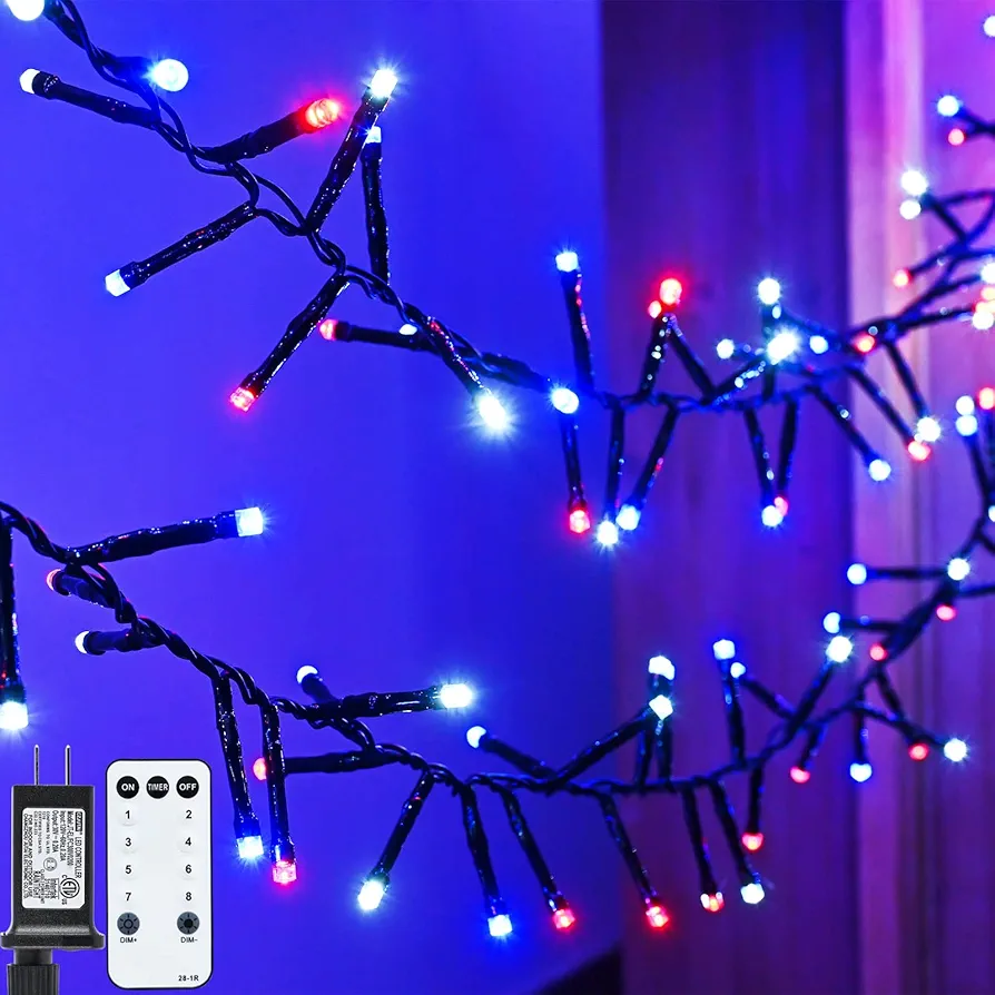 Red White and Blue Lights LED Cluster Lights String 400LED 19.7FT 8Modes Waterproof for Indoor Outdoor 4th of July Independence Day Memorial Day Christmas Garland Party Room Decor