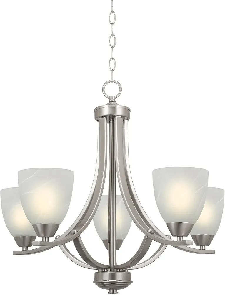 Kira Home Weston 24" Contemporary 5-Light Large Chandelier + Alabaster Glass Shades, Adjustable Chain, Brushed Nickel Finish