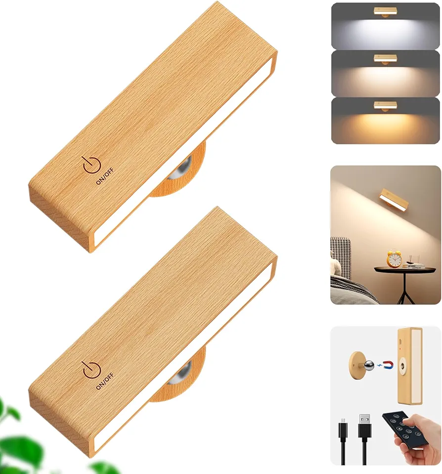 YiLaie Wall Sconces Set of 2,Battery Operated Wall Sconce with Remote,Wall Lights for Bedroom Wireless, Rotatable Cordless Wall Lamp with 3 Color Temperature for Bedroom,Living Room,Bedside Reading