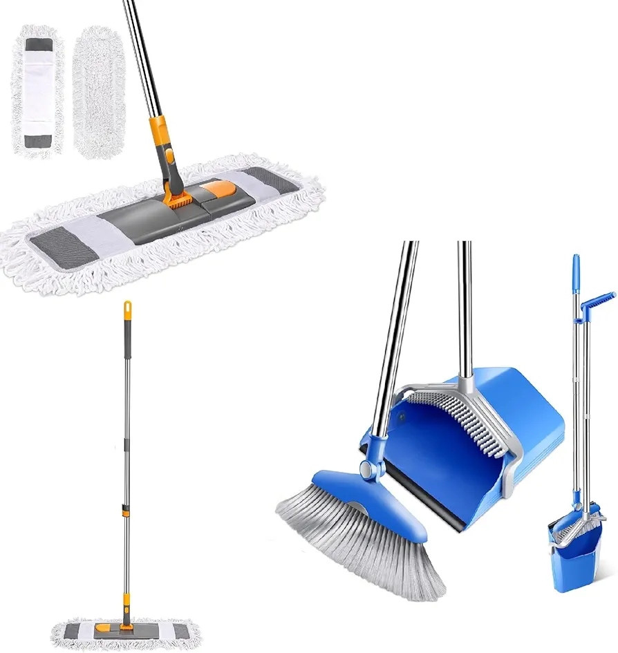 Masthome Dry & Wet Commercial Dust Mop with 2 Washable Mop Pads & Upright Stand Dustpan and Broom with Long Handle for Home Kitchen Room Office Lobby