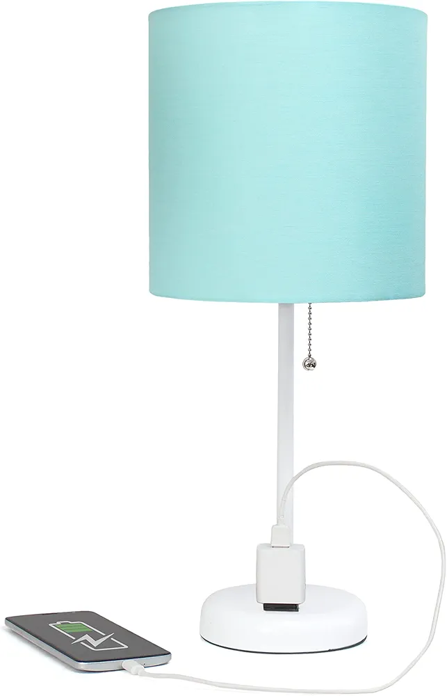 Simple Designs LT2024-AOW White Stick Table Desk Lamp with Charging Outlet and Drum Fabric Shade, Aqua Shade