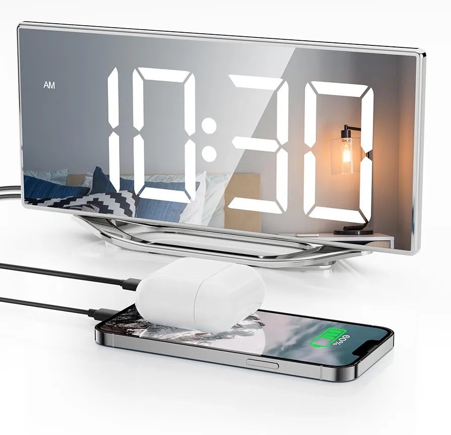 Digital Clock for Living Room, 8.7" LED Mirror Alarm Clocks for Bedrooms with 2 USB Ports,7-Level Brightness,Snooze,12/24H Display Modern Loud Nightstand Clock for Heavy Sleepers Adult Home Office