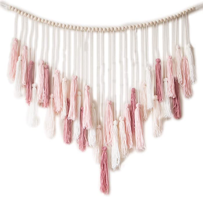 Decocove Macrame Wall Hanging - Large Macrame Wall Hanging with Wood Beads - Bohemian Wall Decor for Bedroom, Living Room and Kitchen - Warm Blush Pink - 35'' x 36''