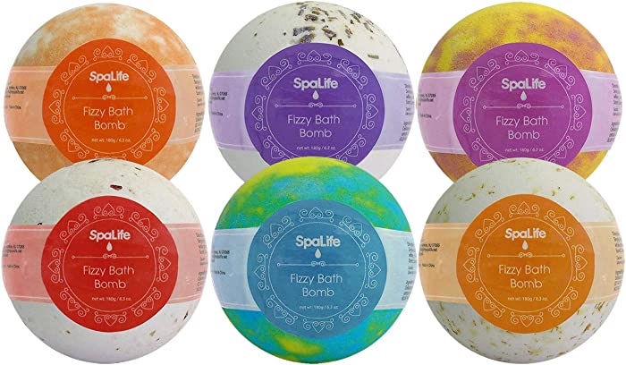 SpaLife Assorted Bath Bombs 6 Piece Set (Candy, Chamomile, Lavender, Orange, Peppermint, Rose)