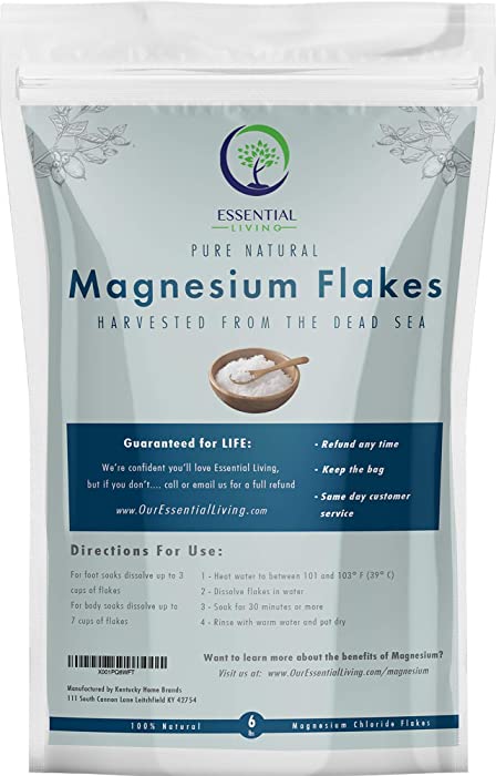 Essential Living: Pure Dead Sea Magnesium Bath Salt Flakes - Topical Solution for Sleep Aid, Pain and Stress Relief Support - 6 lb. - 100% Natural - Just Add to Bath Water - No Impure Trace Minerals