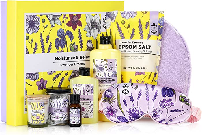 Bath Salt Set, Spa Gift Baskets for Women Bath and Body Gift Set , 8 Pcs Lavender Bath Epsom Salt for Women Relaxing, Bubble Bath, Essential Oil and More, Bath Set for Women for Mother's Day Gift