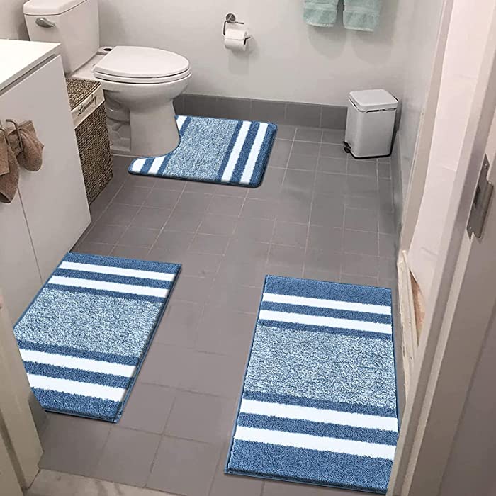 Pauwer 3 Pieces Bathroom Rug Sets Microfiber Absorbent Bath Shower Mat Carpets and U-Shaped Toilet Rug Machine Washable Non Slip Plush Shaggy Bath Contour Rug Combo