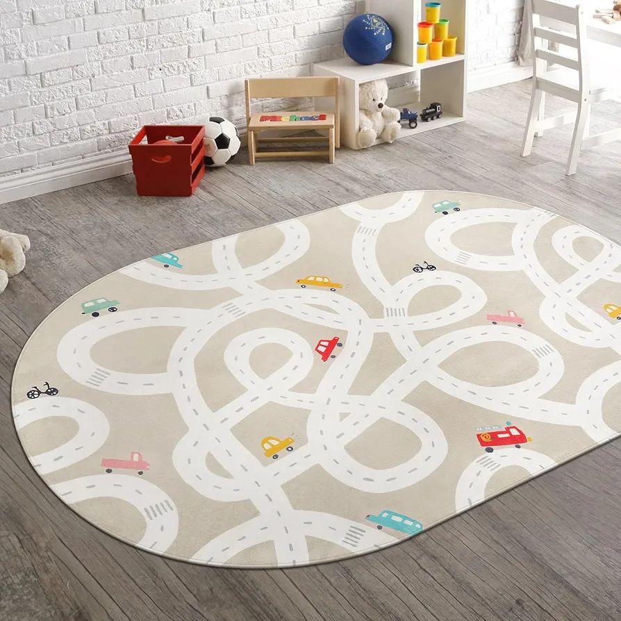 Large Kids Rug for Playroom, 4'x6' Washable Road Rug for Nursery, Non-Slip Car Rug for Boys Room, Tan Traffic Classroom Rug Soft Baby Play Mat for Dorm Toy Room Tent