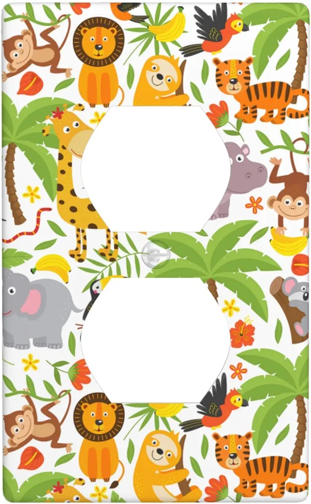 Jungle Animals Tiger Koala Giraffe Cute 1-Gang Duplex Device Receptacle Wallplate,Decorative Duplex Wall Plate Electrical Outlet Covers For Kids Teens Boys Girls Room Decor,4.50" X 2.76"Inch