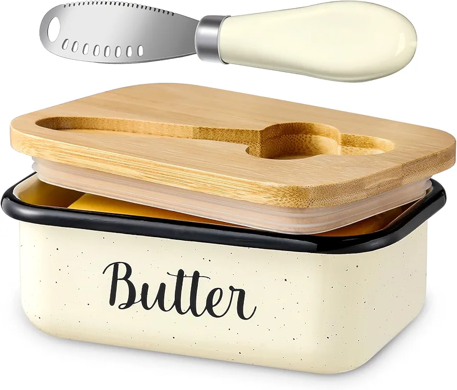 Butter Dish with Lid and Butter Curler Knife for Countertop - Unbreakable Metal Keeper Container with High-quality Double Silicone Sealing, for Kitchen Farmhouse Decor,Speckled White