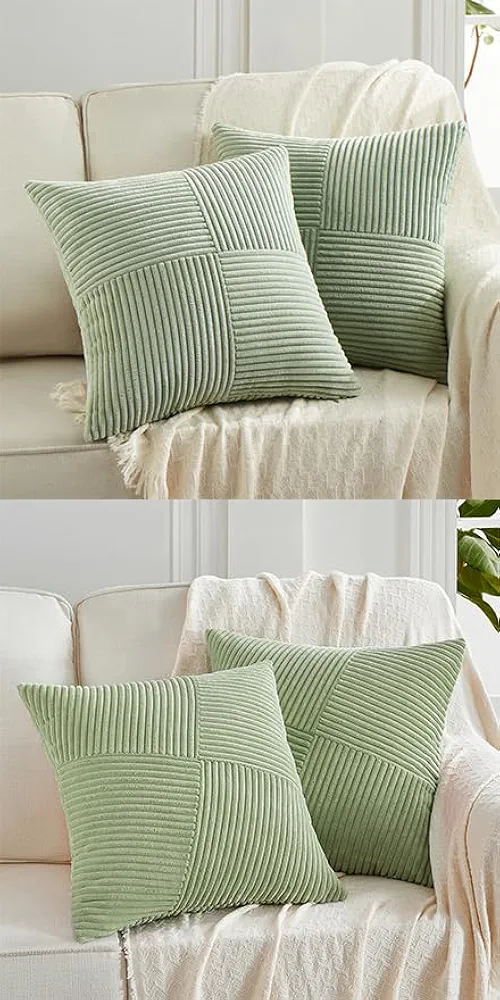 Fancy Homi 4 Packs Sage Green Decorative Throw Pillow Covers 20x20 Inch for Living Room Couch Bed Sofa, Farmhouse Boho Home Decor, Soft Corss Corduroy Patchwork Accent Square Cushion Case 50x50 cm