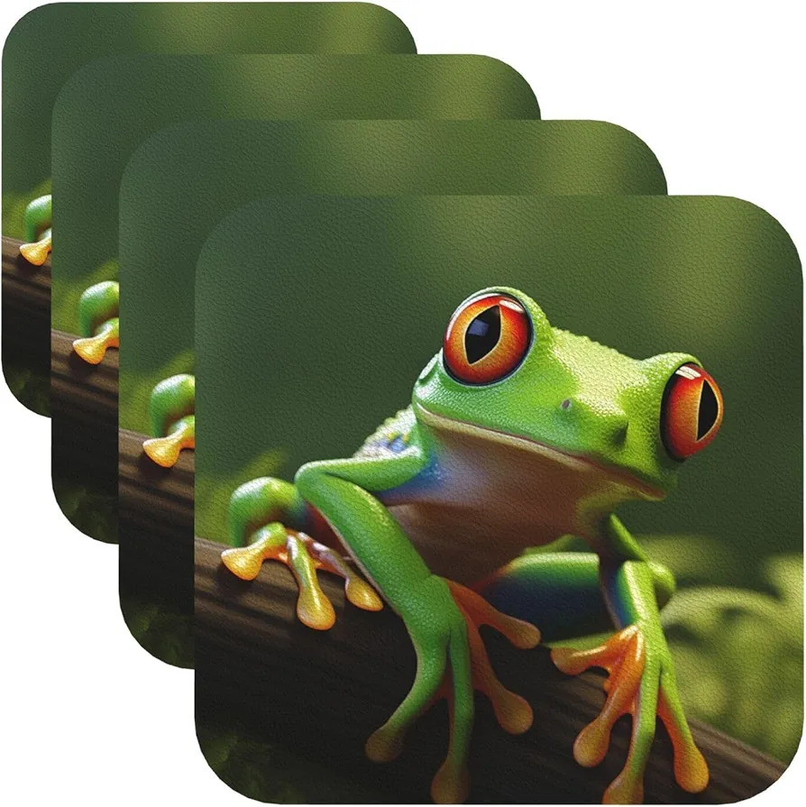 Drink Coasters with Holder Cute green frog Leather Coasters Round Coaster for Drinks Tabletop Protection Cup Mat Decorate Cup pad for Coffee Table Kitchen Dining Room Bar Decor