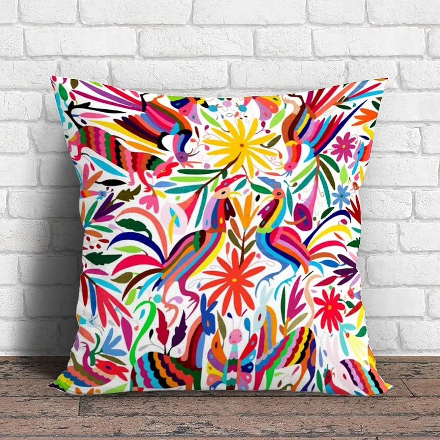 Decorative Throw Pillow Cover Colorful Otomi Print, Floral Animal Pattern Modern Pillow Case Cushion Covers for Living Room Bed Decor, 22 X 22 Inches