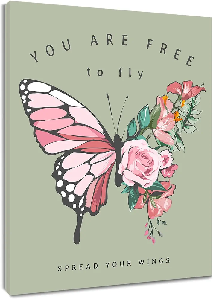 HVEST Inspirational Quotes Wall Art Pink Butterfly with Floral Leaf on Sage Green Background Canvas Wall Art, Flower Wall Art for Living Room Bathroom Bedroom Decor Ready to Hang, 16Lx12W Inches