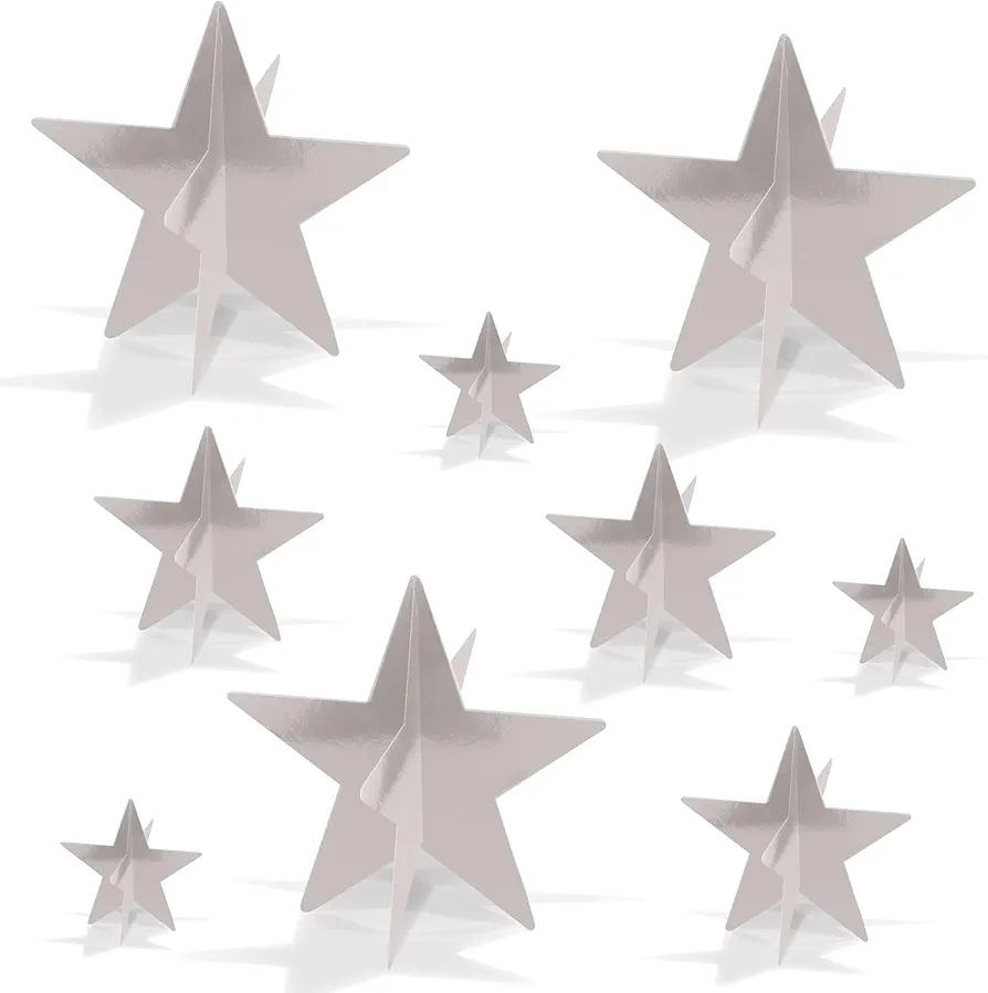 Beistle 3-D Foil Silver Star Centerpieces in 3 Sizes, Set of 9 - Space Themed, Awards Night Table Decor, Classroom Parties