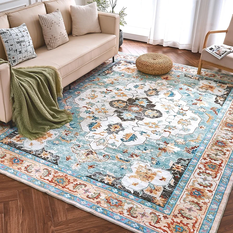 ROCYJULIN 5x7 Area Rugs for Living Room, Area Rugs 5x7 for Bedroom, Low-Pile 5x7 Area Rugs with Non-slip TPR Backing, 5 x 7 Washable Carpet for High Traffic, Cyan