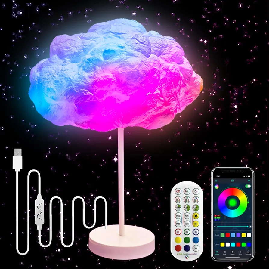 3D Cloud lightning Table Lamp Night Light Desk Light Kit Music Sync Multicolor Changing Strip Lights Wireless Remote APP NO DIY NO COTTON WADDING Coolest Decorations for Adults Kids Home Bedroom