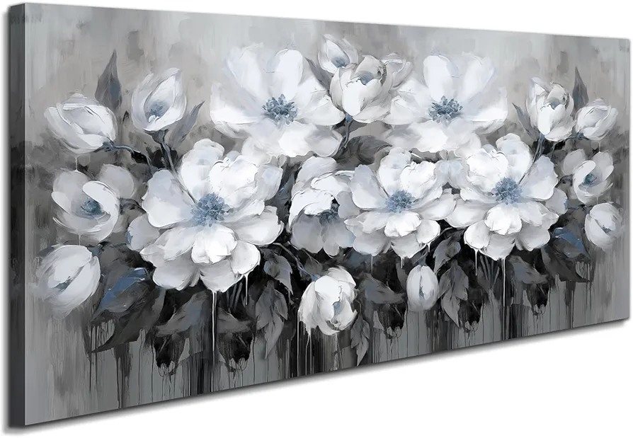 AnZhongArt Living Room Wall Art,Flower Wall Art,Canvas Wall Art,Big wall Art Gray and White and Blue Flower Wall Art-Floral Canvas Wall Art, Bedroom Office Flower Wall Art Decoration,20x40 inches