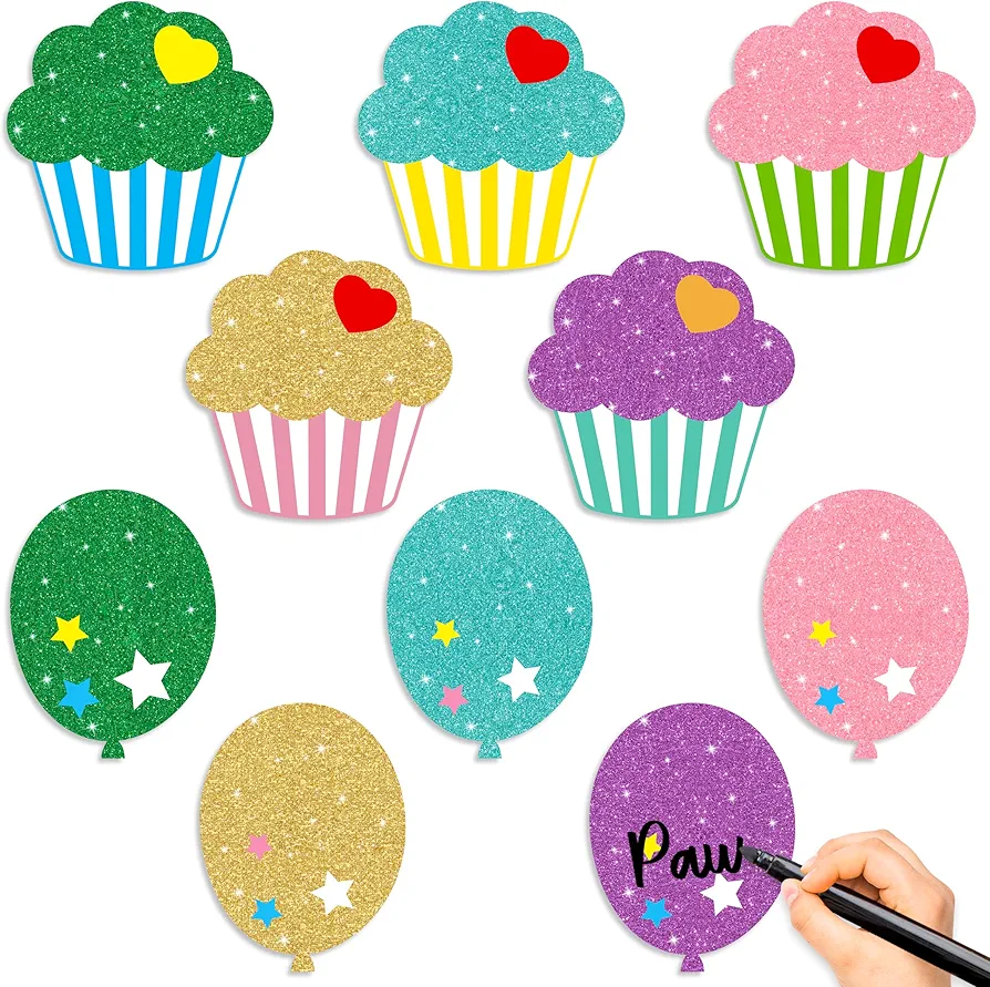 Glitter Cupcake Balloons Cutouts- 100Pcs Colorful Cupcake Paper Cutout Bulletin Board DIY Creative Cakes Balloons Paper Cut Out Name Tags for Kids School Classroom Birthday Party Decorations