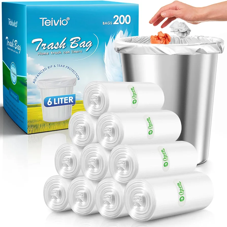 Teivio 6 Liter 200 Counts Strong Trash Bags 2 Gallon Garbage Bags, Bathroom Trash Can Bin Liners, Small Plastic Bags for Home Office Kitchen Kitchen,5-6 Liter (Clear)