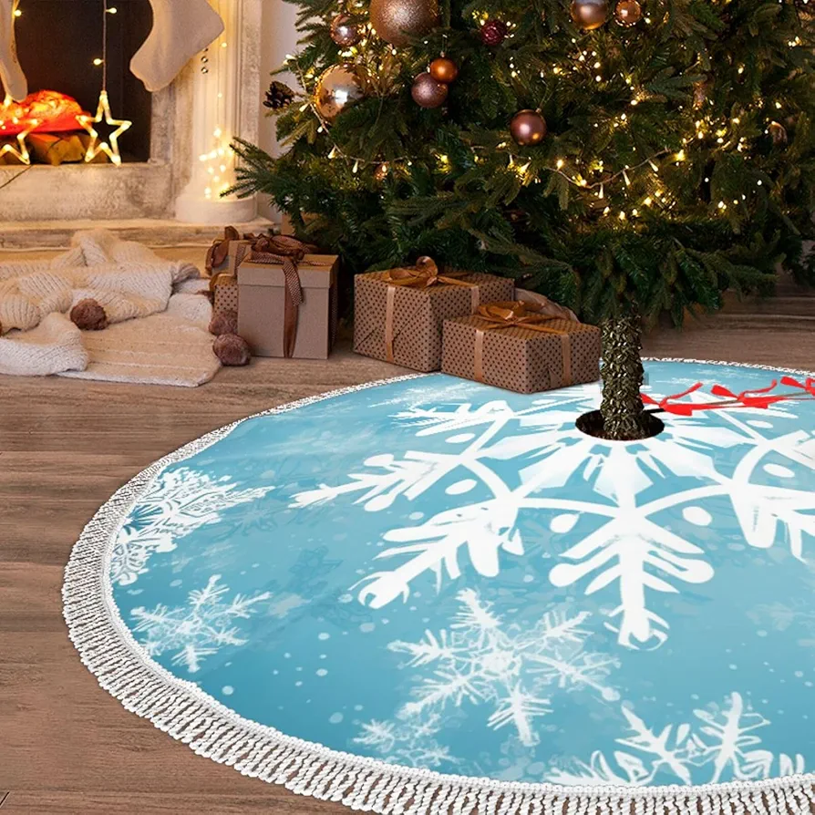 48" Christmas Tree Skirt with Tassel Winter Snowflake Xmas Tree Skirts Tassel Tree Mat Ornament for Home Indoor Outdoor Room Holiday Decoration