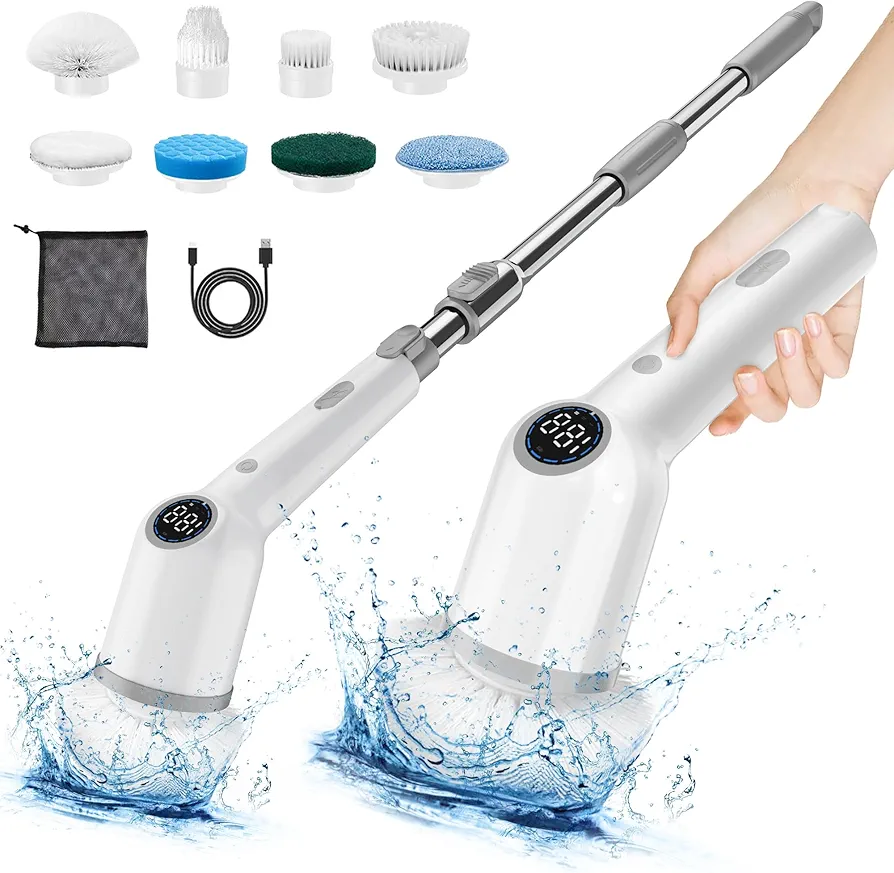 Electric Spin Scrubber for Bathroom,Shower Cleaning Brush,Cordless Shower Scrubber with 8 Replaceable Brush Heads and Adjustable Extension Handle,3 Adjustable Speeds for Kitchen Car