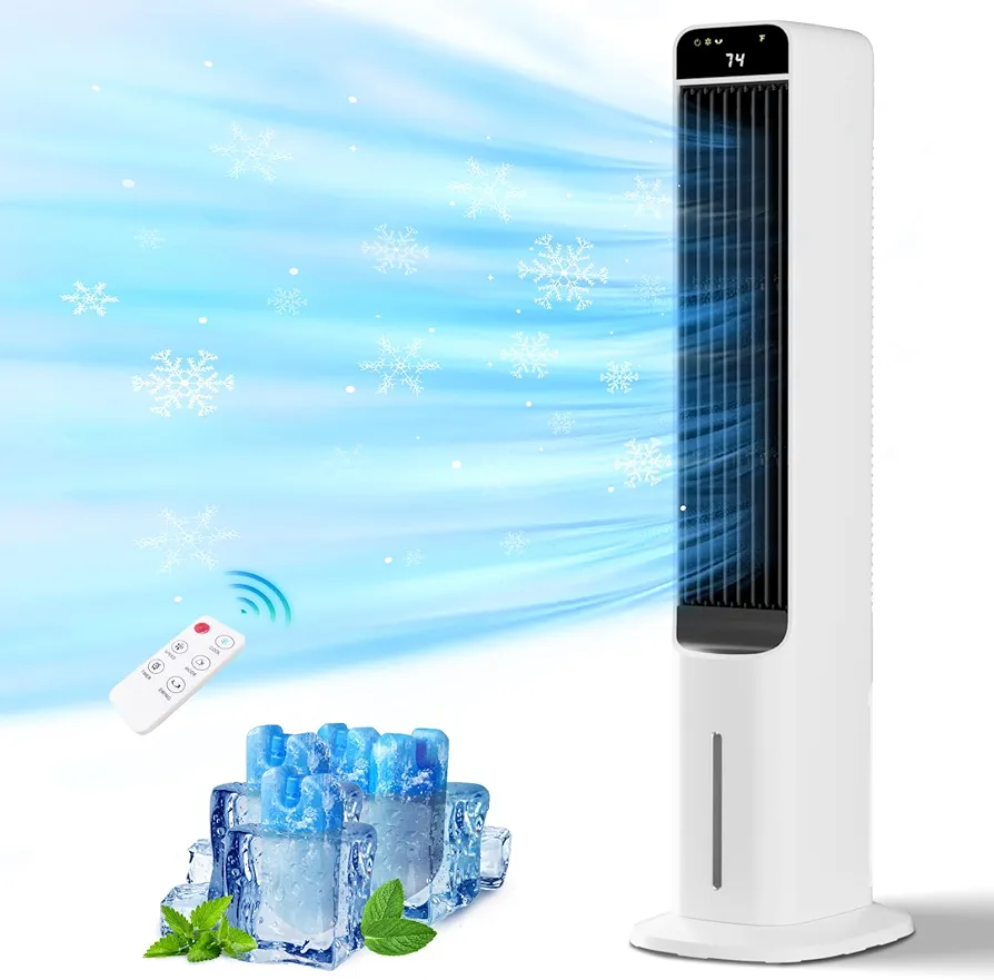 Swamp Cooler, 41" Evaporative Air Cooler With 4 Ice Packs, Remote, 50° Oscillation 3 Speeds 3 Wind Modes, Bladeless Cooling Fan That Blow Cold Air, Portable Air Cooling Fan For Bedroom Home Office