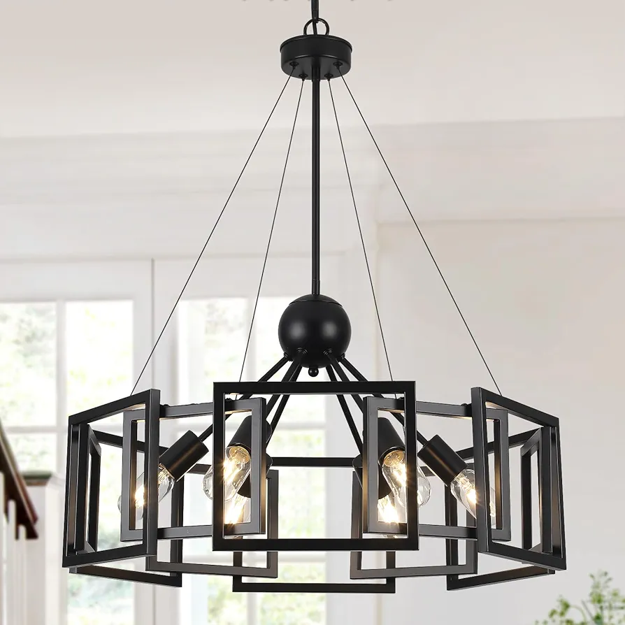 24.4'' Black Chandelier for Dining Room 6 Lights Large Modern Chandelier Industrial Geometric Pendant Lighting Fixture for Living Room Kitchen Island Bedroom