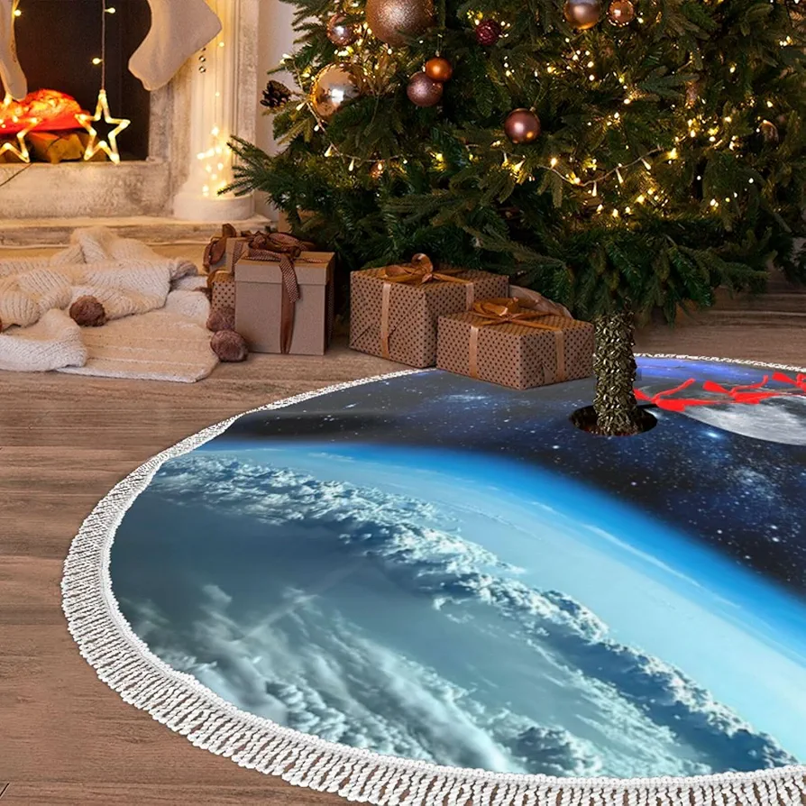 Christmas Tree Skirt with Tassel Space Planet 30" Xmas Tree Skirts Tassel Tree Mat Ornament for Home Indoor Outdoor Room Holiday Decoration