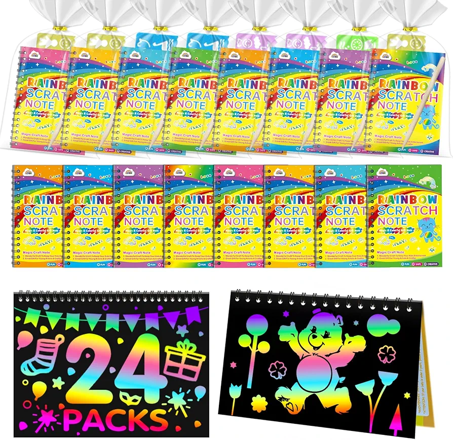 ZMLM Kid Art Party Favors Gifts: Rainbow Scratch Art Notebook Paper 24 Pack Birthday Party Favor Toy Girls Boys Art Craft Kit Bulk Classroom Prizes Stocking Stuffers Halloween Christmas Gift