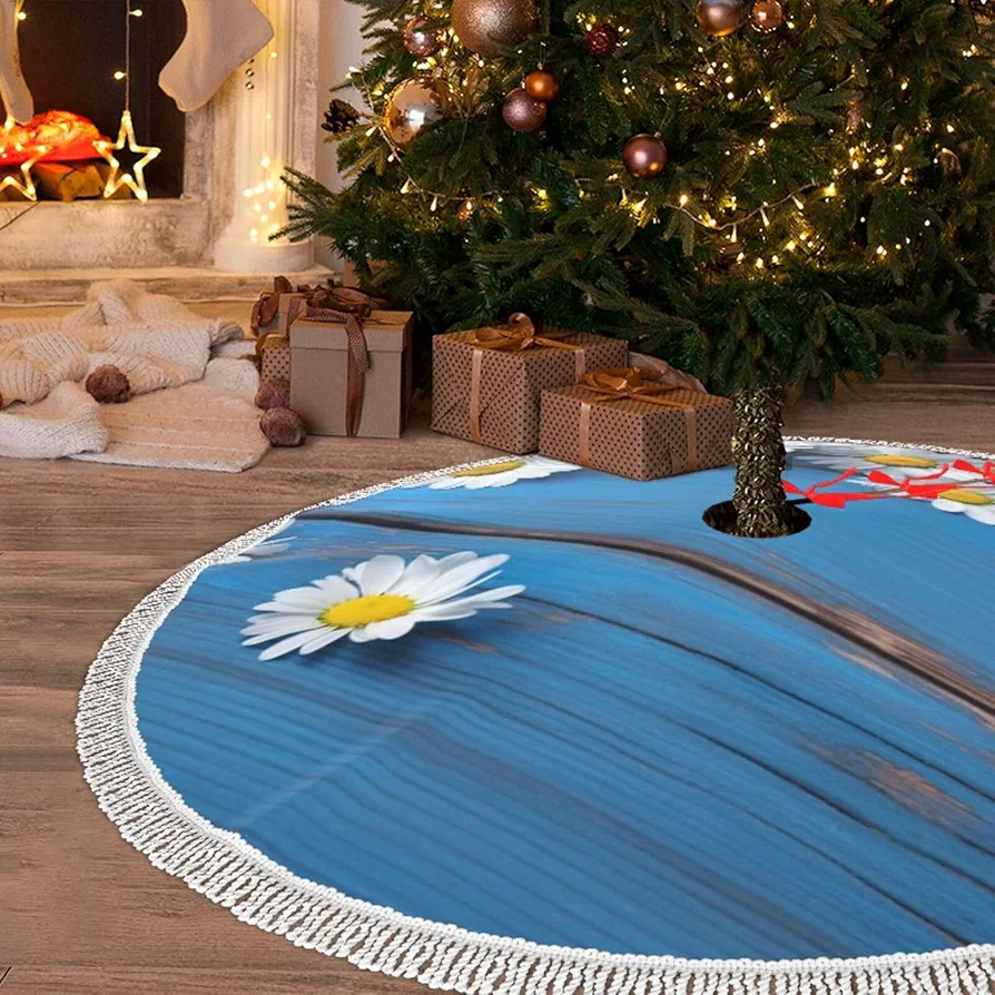 Christmas Tree Skirt with Tassel Daisy Flowers Blue Wooden 30" Xmas Tree Skirts Tassel Tree Mat Ornament for Home Indoor Outdoor Room Holiday Decoration