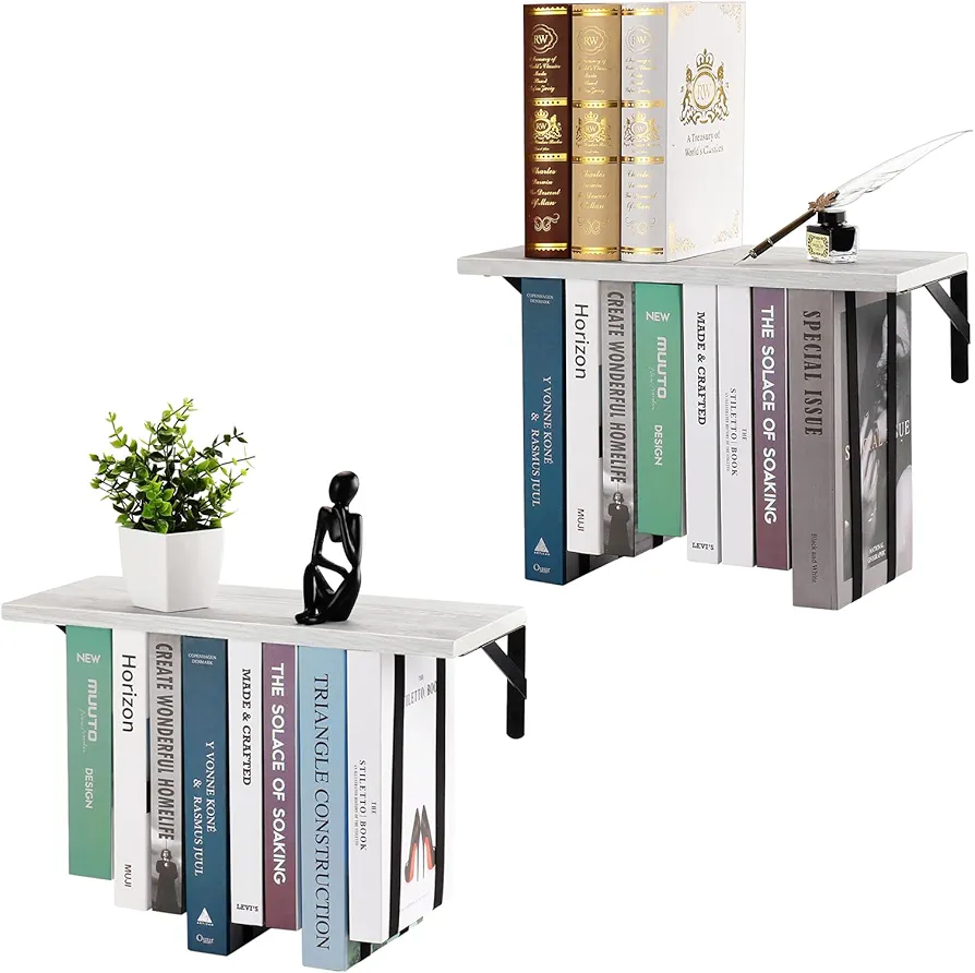 Floating Book Shelves for Wall, Multi-function Space Saving Wall Bookshelf, Unique Wooden Hanging Bookshelf for Bedroom Living Room Decor & Storage, 16" x 7" (2 Packs, White)